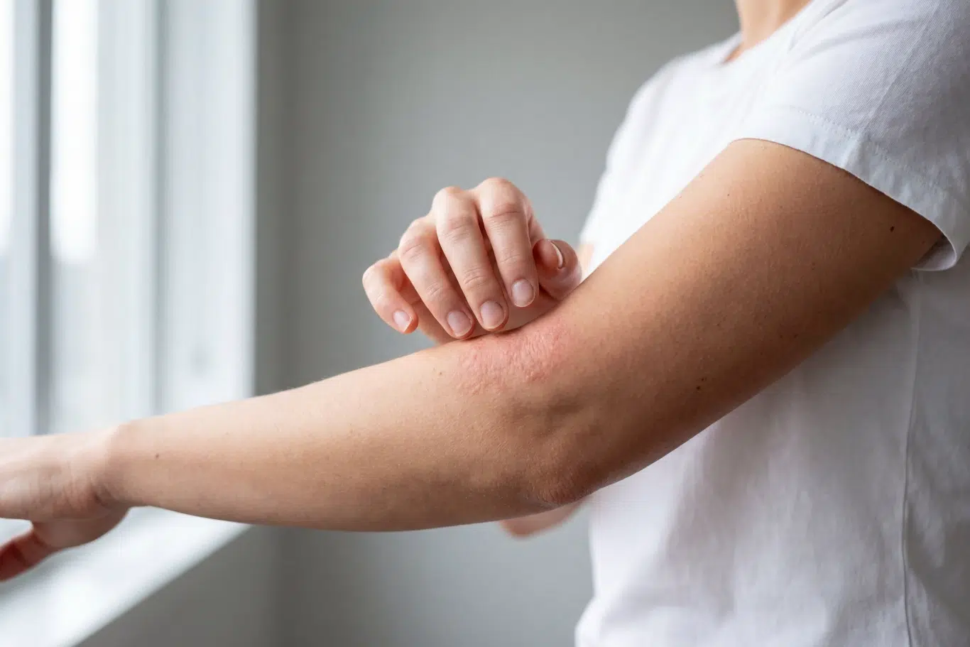person scratching itchy arm skin Person examining irritated skin on arm near window